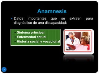 AnamnesisDatos importantes que se extraen para diagnóstico de una discapacidad:Síntoma principalEnfermedad actualHistoria social y vocacional3