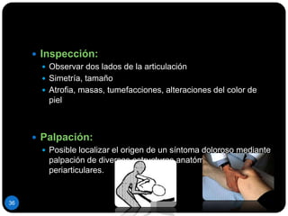 Examen FísicoInformación obtenida que revela presencia de discapacidad:3 funciones:1) Signos que indican desviaciones de la estructura y de las funciones normales.2) Búsqueda de signos que señalan problemas secundarios que no son necesariamente consecuencia de la enfermedad.3) Evaluar capacidad residual en los sistemas o partes de ,los sistemas no afectados por la enfermedad.  27