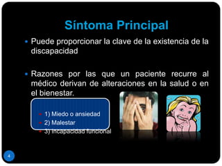 Síntoma PrincipalPuede proporcionar la clave de la existencia de la discapacidadRazones por las que un paciente recurre al médico derivan de alteraciones en la salud o en el bienestar.1) Miedo o ansiedad2) Malestar3) Incapacidad funcional4