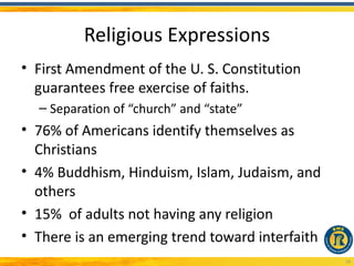 Religious Expressions
• First Amendment of the U. S. Constitution
  guarantees free exercise of faiths.
  – Separation of “church” and “state”
• 76% of Americans identify themselves as
  Christians
• 4% Buddhism, Hinduism, Islam, Judaism, and
  others
• 15% of adults not having any religion
• There is an emerging trend toward interfaith
                                                 18
 