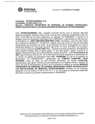 Contrato de Petrocarabobo a Clavellino I C.A. para Servicio de Transporte de Personal de guardia operacional desde Soledad hasta las instalaciones de Morichal