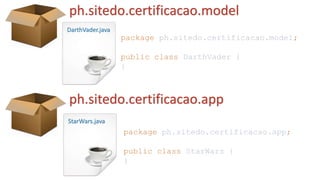 ph.sitedo.certificacao.model
ph.sitedo.certificacao.app
DarthVader.java
StarWars.java
package ph.sitedo.certificacao.model;
public class DarthVader {
}
package ph.sitedo.certificacao.app;
public class StarWars {
}
 