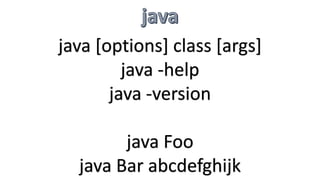 java [options] class [args]
java -help
java -version
java Foo
java Bar abcdefghijk
 
