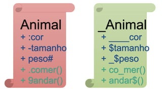Animal
+ :cor
+ -tamanho
+ peso#
+ .comer()
+ 9andar()
_Animal
+ ____cor
+ $tamanho
+ _$peso
+ co_mer()
+ andar$()
 