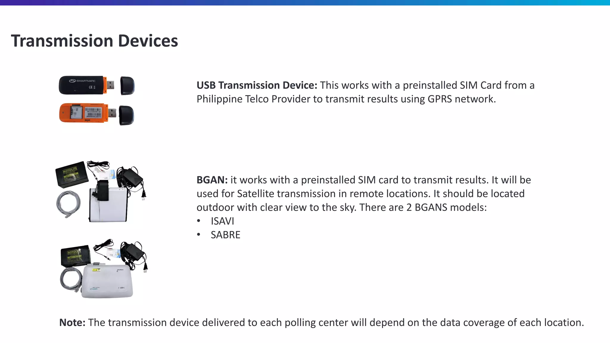 Transmission Devices
Note: The transmission device delivered to each polling center will depend on the data coverage of each location.
BGAN: it works with a preinstalled SIM card to transmit results. It will be
used for Satellite transmission in remote locations. It should be located
outdoor with clear view to the sky. There are 2 BGANS models:
• ISAVI
• SABRE
USB Transmission Device: This works with a preinstalled SIM Card from a
Philippine Telco Provider to transmit results using GPRS network.
 