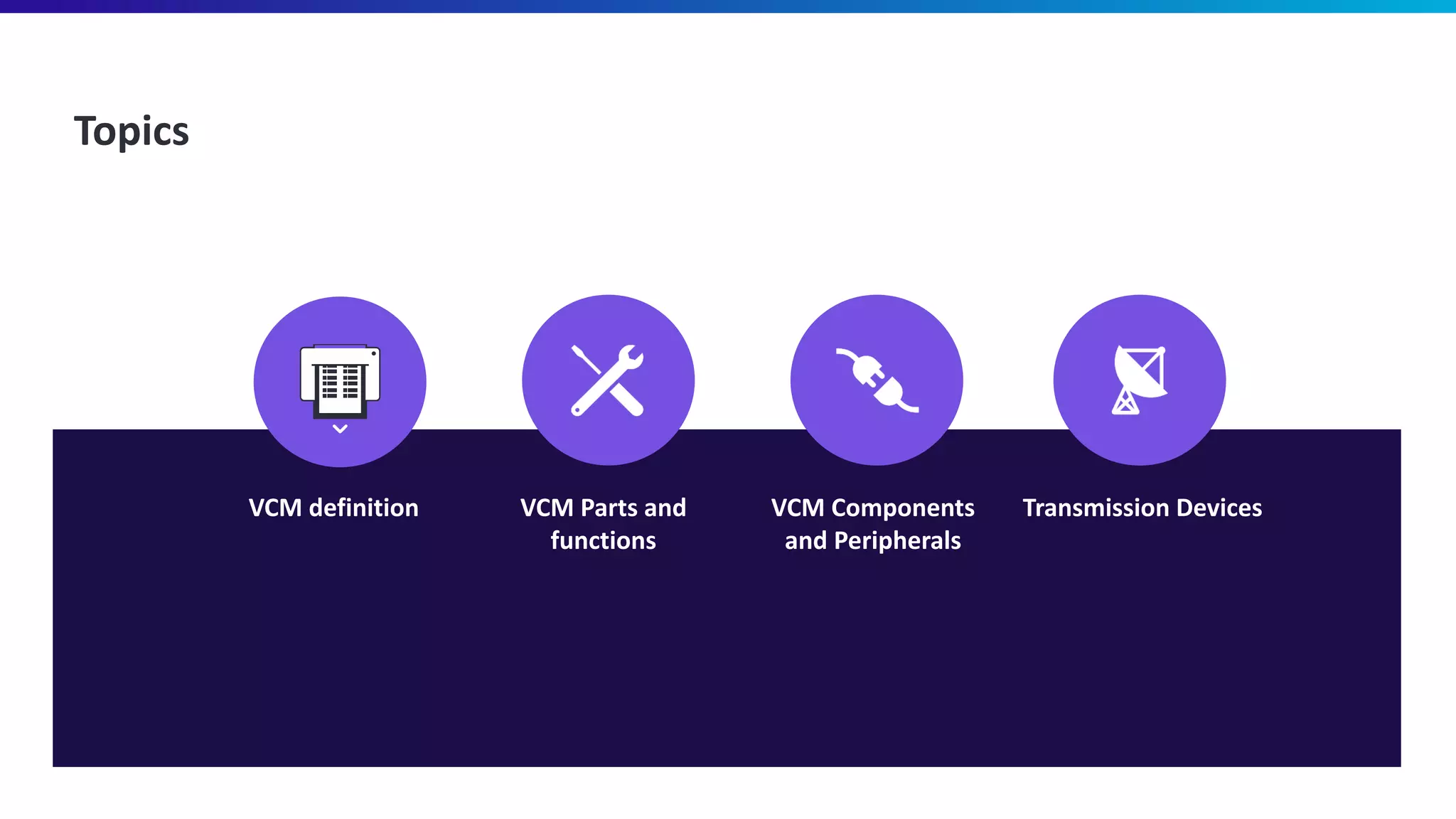 VCM definition VCM Parts and
functions
VCM Components
and Peripherals
Transmission Devices
Topics
 