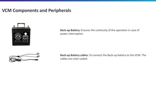 VCM Components and Peripherals
Back-up Battery: Ensures the continuity of the operation in case of
power interruption.
Back-up Battery cables: To connect the Back-up battery to the VCM. The
cables are color-coded.
 