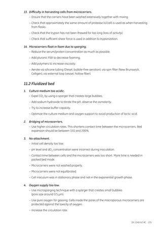 18-1140-62 AC 155
13.	 Difficulty in harvesting cells from microcarriers.
	 –	Ensure that the carriers have been washed extensively together with mixing.
	 –	Check that approximately the same amount of protease (U/cell) is used as when harvesting
		 from flasks.
	 –	Check that the trypsin has not been thawed for too long (loss of activity).
	 –	Check that sufficient shear force is used in addition to trypsinization.
14.	 Microcarriers float in foam due to sparging.
	 –	Reduce the serum/protein concentration as much as possible.
	 –	Add pluronic F68 to decrease foaming.
	 –	Add polymers to increase viscosity.
	 –	Aerate via silicone tubing (Diesel, bubble-free aeration), via spin filter (New Brunswick,
		 Celligen), via external loop (vessel, hollow fiber).
11.2 Fluidized bed
1.	 Culture medium too acidic.
	 –	Expel CO2 by using a sparger that creates large bubbles.
	 –	Add sodium hydroxide to titrate the pH, observe the osmolarity.
	 –	Try to increase buffer capacity.
	 –	Optimize the culture medium and oxygen support to avoid production of lactic acid.
2.	 Bridging of microcarriers.
	 –	Use higher circulation rates. This shortens contact time between the microcarriers. Bed
		 expansion should be between 150 and 200%.
3.	 No attachment.
	 –	Initial cell density too low.
	 –	pH level and dO2 concentration were incorrect during inoculation.
	 –	Contact time between cells and the microcarriers was too short. More time is needed in
		 packed bed mode.
	 –	Microcarriers were not washed properly.
	 –	Microcarriers were not equilibrated.
	 –	Cell inoculum was in stationary phase and not in the exponential growth phase.
4.	 Oxygen supply too low.
	 –	Use microsparging technique with a sparger that creates small bubbles
		 (pore size around 0.5 µm).
	 –	Use pure oxygen for gassing. Cells inside the pores of the macroporous microcarriers are
		 protected against the toxicity of oxygen.
	 –	Increase the circulation rate.
 