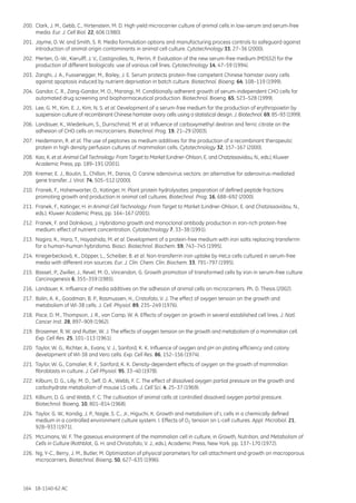 164 18-1140-62 AC
200.	 Clark, J. M., Gebb, C., Hirtenstein, M. D. High yield microcarrier culture of animal cells in low-serum and serum-free
media. Eur. J. Cell Biol. 22, 606 (1980).
201.	 Jayme, D. W. and Smith, S. R. Media formulation options and manufacturing process controls to safeguard against
introduction of animal origin contaminants in animal cell culture. Cytotechnology 33, 27–36 (2000).
202.	 Merten, O.-W., Kierulff, J. V., Castignolles, N., Perrin, P. Evaluation of the new serum-free medium (MDSS2) for the
production of different biologicals: use of various cell lines. Cytotechnology 14, 47–59 (1994).
203.	 Zanghi, J. A., Fussenegger, M., Bailey, J. E. Serum protects protein-free competent Chinese hamster ovary cells
against apoptosis induced by nutrient deprivation in batch culture. Biotechnol. Bioeng. 64, 108–119 (1999).
204.	 Gandor, C. R., Zang-Gandor, M. O., Marangi, M. Conditionally adherent growth of serum-independent CHO cells for
automated drug screening and biopharmaceutical production. Biotechnol. Bioeng. 65, 523–528 (1999).
205.	 Lee, G. M., Kim, E. J., Kim, N. S. et al. Development of a serum-free medium for the production of erythropoietin by
suspension culture of recombinant Chinese hamster ovary cells using a statistical design. J. Biotechnol. 69, 85–93 (1999).
206.	 Landauer, K., Wiederkum, S., Durrschmid, M. et al. Influence of carboxymethyl dextran and ferric citrate on the
adhesion of CHO cells on microcarriers. Biotechnol. Prog. 19, 21–29 (2003).
207.	 Heidemann, R. et al. The use of peptones as medium additives for the production of a recombinant therapeutic
protein in high density perfusion cultures of mammalian cells. Cytotechnology 32, 157–167 (2000).
208.	 Kao, K. et al. Animal Cell Technology: From Target to Market (Lindner-Ohlson, E. and Chatzissavidou, N., eds.), Kluwer
Academic Press, pp. 189–191 (2001).
209.	 Kremer, E. J., Boutin, S., Chillon, M., Danos, O. Canine adenovirus vectors: an alternative for adenovirus-mediated
gene transfer. J. Virol. 74, 505–512 (2000).
210.	 Franek, F., Hohenwarter, O., Katinger, H. Plant protein hydrolysates: preparation of defined peptide fractions
promoting growth and production in animal cell cultures. Biotechnol. Prog. 16, 688–692 (2000).
211.	 Franek, F., Katinger, H. in Animal Cell Technology: From Target to Market (Lindner-Ohlson, E. and Chatzissavidou, N.,
eds.), Kluwer Academic Press, pp. 164–167 (2001).
212.	 Franek, F. and Dolnikova, J. Hybridoma growth and monoclonal antibody production in iron-rich protein-free
medium: effect of nutrient concentration. Cytotechnology 7, 33–38 (1991).
213.	 Nagira, K., Hara, T., Hayashida, M. et al. Development of a protein-free medium with iron salts replacing transferrin
for a human-human hybridoma. Biosci. Biotechnol. Biochem. 59, 743–745 (1995).
214.	 Kriegerbecková, K., Döpper, L., Scheiber, B. et al. Non-transferrin iron uptake by HeLa cells cultured in serum-free
media with different iron sources. Eur. J. Clin. Chem. Clin. Biochem. 33, 791–797 (1995).
215.	 Basset, P., Zwiller, J., Revel, M. O., Vincendon, G. Growth promotion of transformed cells by iron in serum-free culture.
Carcinogenesis 6, 355–359 (1985).
216.	 Landauer, K. Influence of media additives on the adhesion of animal cells on microcarriers. Ph. D. Thesis (2002).
217.	 Balin, A. K., Goodman, B. P., Rasmussen, H., Cristofalo, V. J. The effect of oxygen tension on the growth and
metabolism of WI-38 cells. J. Cell. Physiol. 89, 235–249 (1976).
218.	 Pace, D. M., Thompson, J. R., van Camp, W. A. Effects of oxygen on growth in several established cell lines. J. Natl.
Cancer Inst. 28, 897–909 (1962).
219.	 Brosemer, R. W. and Rutter, W. J. The effects of oxygen tension on the growth and metabolism of a mammalian cell.
Exp. Cell Res. 25, 101–113 (1961).
220.	 Taylor, W. G., Richter, A., Evans, V. J., Sanford, K. K. Influence of oxygen and pH on plating efficiency and colony
development of WI-38 and Vero cells. Exp. Cell Res. 86, 152–156 (1974).
221.	 Taylor, W. G., Camalier, R. F., Sanford, K. K. Density-dependent effects of oxygen on the growth of mammalian
fibroblasts in culture. J. Cell Physiol. 95, 33–40 (1978).
222.	 Kilburn, D. G., Lilly, M. D., Self, D. A., Webb, F. C. The effect of dissolved oxygen partial pressure on the growth and
carbohydrate metabolism of mouse LS cells. J. Cell Sci. 4, 25–37 (1969).
223.	 Kilburn, D. G. and Webb, F. C. The cultivation of animal cells at controlled dissolved oxygen partial pressure.
Biotechnol. Bioeng. 10, 801–814 (1968).
224.	 Taylor, G. W., Kondig, J. P., Nagle, S. C., Jr., Higuchi, K. Growth and metabolism of L cells in a chemically defined
medium in a controlled environment culture system. I. Effects of O2 tension on L-cell cultures. Appl. Microbiol. 21,
928–933 (1971).
225.	 McLimans, W. F. The gaseous environment of the mammalian cell in culture, in Growth, Nutrition, and Metabolism of
Cells in Culture (Rothblat, G. H. and Christofalo, V. J., eds.), Academic Press, New York, pp. 137–170 (1972).
226.	 Ng, Y-C., Berry, J. M., Butler, M. Optimization of physical parameters for cell attachment and growth on macroporous
microcarriers. Biotechnol. Bioeng. 50, 627–635 (1996).
 
