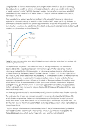 26 18-1140-62 AC
Using Sephadex as starting material and substituting the matrix with DEAE groups to 1.5 meq/g
dry product, it was possible to achieve a microcarrier, Cytodex 1, that was suitable for the growth
of a wide variety of cells (47,74,77,78). Cytodex 1 avoided the toxic effects associated with DEAE
Sephadex A-50, and concentrations well in excess of 1 mg/mL could be used with concomitant
increases in cell yield.
This reduced-charge product was the first to allow the full potential of microcarrier culture to be
exploited at culture volumes up to several hundred liters (10,79,80). It was specifically designed for
animal cell culture and satisfied the general requirements for an optimal microcarrier (46,47). Under
correct culture conditions, the growth rate of most cells on Cytodex 1 is comparable to that achieved
on plastic or glass culture surfaces (Figure 14).
10 0 2 00 300
Hours
0.25
1.0
4.0
16.0
Cells/mLx10
5
Monolayer
Cytodex
Fig. 14. The growth of primary monkey kidney cells on Cytodex 1 microcarriers and in glass bottles. (Data from van Wezel, A. L.,
reproduced by kind permission.)
The development of Cytodex 1 has taken into account the requirements for cell attachment
(Section 2.1) and the procedures necessary for maximizing growth of a wide variety of cells in
microcarrier culture (Section 8). Opportunities for microcarrier culture of animal cells have been
increased further by the development of Cytodex 3 (Section 5.1.1 and 5.1.2). Since charged groups
are necessary only for cell attachment they need only be confined to the surface of the microcarriers.
Cytodex 3 represents a new concept in microcarrier culture. Instead of using synthetic charged
groups to promote cell attachment, it has a surface layer of denatured collagen. The surface upon
which cells attach is thus similar to that found in vivo. Such a surface is important for maximum
plating efficiency, growth and function of certain cell types and lends itself to unique possibilities
for harvesting cells from microcarrier cultures (Section 8.6.1). Nilsson and Mosbach (81) have also
examined this approach.
The relative properties and uses of the different types of Cytodex microcarriers are outlined in Section 5.1.
The next major step forward was macroporous gelatin microcarriers developed by Kjell Nilsson (82),
which allowed growth inside the beads, thereby increasing cell density and protecting the cells.
Young and Dean (83) then described the use of microcarriers for animal cells in fluidized beds. This
development allowed the immobilization of both anchorage and suspension cells in high cell density
production systems.
Cytopore was yet a further development that kept most of the properties similar to Cytodex but
increased the surface area through a macroporous structure. Cytoline was developed for the
fluidized bed application, which is why the particles were weighted with silica (84).
 