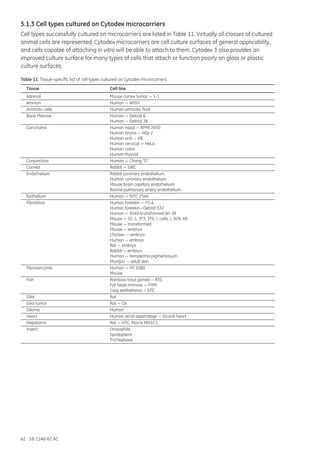 62 18-1140-62 AC
5.1.3 Cell types cultured on Cytodex microcarriers
Cell types successfully cultured on microcarriers are listed in Table 11. Virtually all classes of cultured
animal cells are represented. Cytodex microcarriers are cell culture surfaces of general applicability,
and cells capable of attaching in vitro will be able to attach to them. Cytodex 3 also provides an
improved culture surface for many types of cells that attach or function poorly on glass or plastic
culture surfaces.
Table 11. Tissue-specific list of cell types cultured on Cytodex microcarriers
Tissue	 Cell line
Adrenal	 Mouse cortex tumor — Y-1
Amnion	 Human — WISH
Amniotic cells	 Human amniotic fluid
Bone Marrow	 Human — Detroit 6
	 Human — Detroit 38
Carcinoma	 Human nasal — RPMI 2650
	 Human larynx — HEp 2
	 Human oral — KB
	 Human cervical — HeLa
	 Human colon
	 Human thyroid
Conjunctiva	 Human — Chang “D”
Cornea	 Rabbit — SIRC
Endothelium	 Rabbit coronary endothelium
	 Human coronary endothelium
	 Mouse brain capillary endothelium
	 Bovine pulmonary artery endothelium
Epithelium	 Human — NITC 2544
Fibroblast	 Human foreskin — FS-4
	 Human foreskin—Detroit 532
	 Human — SV40-transformed WI-38
	 Mouse — SC-1, 3T3, 3T6, L-cells, L-929, A9
	 Mouse — transformed
	 Mouse — embryo
	 Chicken — embryo
	 Human — embryo
	 Rat — embryo
	 Rabbit — embryo
	 Human — Xeroderma pigmentosum
	 Muntjac — adult skin
Fibrosarcoma	 Human — HT 1080
	Mouse
Fish	 Rainbow trout gonad — RTG
	 Fat head minnow — FHM
	 Carp eptihelioma — EPC
Glial	Rat
Glial tumor	 Rat — C6
Glioma	Human
Heart	 Human atrial appendage — Girardi heart
Hepatoma	 Rat — HTC, Morris MH1C1
Insect	Drosophila
	Spodoptera
	Trichoplusia
 