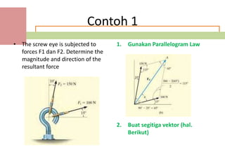 Contoh 1
• The screw eye is subjected to     1.   Gunakan Parallelogram Law
  forces F1 dan F2. Determine the
  magnitude and direction of the
  resultant force




                                    2.   Buat segitiga vektor (hal.
                                         Berikut)
 