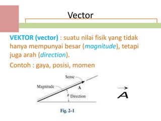 Vector

VEKTOR (vector) : suatu nilai fisik yang tidak
hanya mempunyai besar (magnitude), tetapi
juga arah (direction).
Contoh : gaya, posisi, momen



                                      A
 