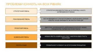 ПРОБЛЕМИ ІСНУЮТЬ НА ВСІХ РІВНЯХ
СТРАТЕГІЧНИЙ РІВЕНЬ
ПЛАНУВАЛЬНИЙ РІВЕНЬ
БУДІВЕЛЬНИЙ РІВЕНЬ
ЕКСПЛУАТАЦІЯ
ПРОЕКТНИЙ РІВЕНЬ
СТРАТЕГІЧНІ ДОКУМЕНТИ ПОКИ ЩО В РОЗРОБЦІ. НІЧОГО
ЗАТВЕРДЖЕНОГО НЕМАЄ
БЕЗ ЗАТВЕРДЖЕНОЇ СТРАТЕГІЇ РОЗВИТКУ НЕЗРОЗУМІЛО СКІЛЬКИ
КОШТІВ І НА ЩО ЗАКЛАДАТИ, ЯК ПИСАТИ ПЛАН ДІЙ
ДБН СТАРІ, НЕ ВРАХОВУЮТЬ ВЕЛОІНФРАСТРУКТУРУ, НЕМАЄ
СПЕЦІАЛІСТІВ І ПАРВИЛ ЯК ПРОЕКТУВАТИ
НИЗЬКА ЯКІСТЬ БУДІВЕЛЬНИХ РОБІТ, ФАКТИЧНА ВІДСУТНІСТЬ
КОНТРОЛЮ
ПРИБИРАННЯ ТА РЕМОНТ ЗА ОСТАТОЧНИМ ПРИНЦИПОМ
 