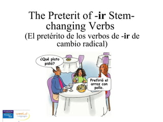 The Preterit of - ir  Stem-changing Verbs  (El pretérito de los verbos de - ir  de cambio radical) ¿Qué plato pidió? Prefirió el arroz con pollo. 