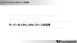 Anywhere Production を使った協調制作 
Production のアクセス権限 
ストリーミングを用いた映像編集で、どこからでも制作に参加 
サーバーの CPU、GPU リソースを活用 
遠隔地より、ファイルインジェストしながら手元で編集 
Media Encoder もサーバーで動作 
6. サーバーの CPU、GPU リソースを活用  