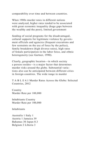 comparability over time and between countries.
When 1980s murder rates in different nations
were analyzed, higher rates tended to be associated
with great economic inequality (huge gaps between
the wealthy and the poor), limited government
funding of social programs for the disadvantaged,
cultural supports for legitimate violence by govern-
ment officials and agencies (frequent executions and
few restraints on the use of force by the police),
family breakdown (high divorce rates), high rates
of female participation in the labor force, and ethnic
heterogeneity (see Gartner, 1990).
Clearly, geographic location—in which society
a person resides—is a major factor that determines
murder risks around the globe. Substantial varia-
tions also can be anticipated between different cities
in foreign countries. The wide range in murder
T A B L E 4.1 Murder Rates Across the Globe: Selected
Countries, 2012
Country
Murder Rate per 100,000
Inhabitants Country
Murder Rate per 100,000
Inhabitants
Australia 1 Italy 1
Austria 1 Jamaica 39
Bahamas 30 Japan 0.3
Belgium 2 Liberia 3
 