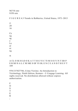 NCVS rate
UCR rate
F I G U R E 4.3 Trends in Robberies, United States, 1973–2013
©
20
16
Ce
ng
ag
e
Le
ar
ni
ng
®
A CL O SE R LO O K A T T H E VI C TI M S O F I N T ER P
E R SO N A L C RI ME S OF VI OL E N C E A N D T H E F T
109
9781337027786, Crime Victims: An Introduction to
Victimology, Ninth Edition, Karmen - © Cengage Learning. All
rights reserved. No distribution allowed without express
authorization.
F
O
S
T
E
R
,
 