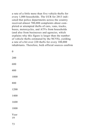 a rate of a little more than five vehicle thefts for
every 1,000 households. The UCR for 2013 indi-
cated that police departments across the country
received almost 700,000 complaints about com-
pleted or attempted thefts of cars, vans, trucks,
buses, motorcycles, and ATVs from households
(and also from businesses and agencies, which
explains why this figure is larger than the number
of vehicle thefts estimated by the NCVS), yielding
a rate of a bit over 220 thefts for every 100,000
inhabitants. Therefore, both official sources confirm
0
200
600
400
1000
800
1200
1400
1600
1800
Year
19
73
 