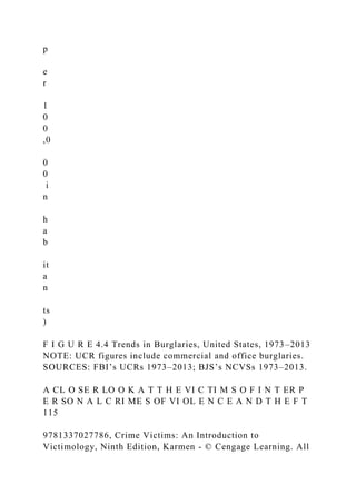 p
e
r
1
0
0
,0
0
0
i
n
h
a
b
it
a
n
ts
)
F I G U R E 4.4 Trends in Burglaries, United States, 1973–2013
NOTE: UCR figures include commercial and office burglaries.
SOURCES: FBI’s UCRs 1973–2013; BJS’s NCVSs 1973–2013.
A CL O SE R LO O K A T T H E VI C TI M S O F I N T ER P
E R SO N A L C RI ME S OF VI OL E N C E A N D T H E F T
115
9781337027786, Crime Victims: An Introduction to
Victimology, Ninth Edition, Karmen - © Cengage Learning. All
 