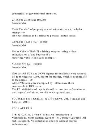 commercial or governmental premises.
2,458,000 2,570 (per 100,000
households)
Theft The theft of property or cash without contact; includes
attempts to
take possessions and stealing by persons invited inside.
9,071,000 10,050 (per 100,000
households)
Motor Vehicle Theft The driving away or taking without
authorization of any household’s
motorized vehicle; includes attempts.
556,000 520 (per 100,000
households)
NOTES: All UCR and NCVS figures for incidents were rounded
off to the nearest 1,000, except for murder, which is rounded off
to the nearest 100.
All NCVS rates were multiplied by 100 to make them
comparable to UCR rates.
The FBI definition of rape is the old narrow one, referred to as
the “legacy” definition, not the new expanded one.
SOURCES: FBI’s UCR, 2013; BJS’s NCVS, 2013 (Truman and
Langton, 2014).
82 CH APT ER 3
9781337027786, Crime Victims: An Introduction to
Victimology, Ninth Edition, Karmen - © Cengage Learning. All
rights reserved. No distribution allowed without express
authorization.
 