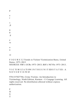 p
e
r
1
,0
0
0
p
e
rs
o
n
s)
F I G U R E 3.2 Trends in Violent Victimization Rates, United
States, 1973–2013
SOURCES: FBI’s UCRs 1973–2013; BJS’s NCVSs 1973–2013.
V I C TI M I Z A TI ON I N T H E U N I T ED S T A T ES : A
N O V E R V I E W 85
9781337027786, Crime Victims: An Introduction to
Victimology, Ninth Edition, Karmen - © Cengage Learning. All
rights reserved. No distribution allowed without express
authorization.
F
O
S
T
 