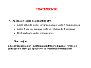 TRATAMIENTO:

1. Aplicación tópica de podofilina 25%
 Aplica sobre la lesión. Lavar con agua y jabón 1 hora después

 Aplica 1 vez por semana hasta un máximo de 4 semanas.
 Contraindicado en las embarazadas.

Si no mejora:
2. Electrocoagulación , crioterapia (nitrógeno líquido), remoción
quirúrgica o láser y/o aplicación de interferón intralesional.

 