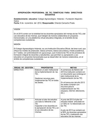 APROPIACIÓN PROFESIONAL DE TIC: TEMÁTICAS PARA DIRECTIVOS
                            DOCENTES

Establecimiento educativo: Colegio Agroecológico Holanda – Fundación Alejandro
Galvis
Fecha: 8 de noviembre del 2012. Responsable: Orlando Camacho Prada


VISIÓN

En el 2015 contar con la totalidad de los docentes apropiados del manejo de las TIC y del
uso educativo de las mismas, que trabajen de manera colaborativa en proyectos
transversales, en una plataforma virtual educativa integrada, en el ámbito de las
competencias ciudadanas.

MISIÓN

El Colegio Agroecológico Holanda, es una Institución Educativa Oficial, del área rural, que
ofrece los niveles de preescolar, básica primaria, básica secundaria y media académica,
en 7 sedes, con profundización en agroecología, que involucra las TIC en los procesos de
formación integral de docentes y estudiantes, que permitan su apropiación y uso
educativo en proyectos transversales que se desarrollen de manera colaborativa, en el
ámbito de competencias ciudadanas.



ÁREAS DE GESTIÓN                  PROPÓSITOS                            METAS
DIRECTIVA                 Elaborar un plan institucional   A comienzos de febrero del
                          de la implementación de las      2013 la institución contará con
                          TIC.                             un documento que contenga el
                                                           plan institucional de la
                          Gestionar recursos para          implementación de las TIC.
                          implementar las TIC en todas
                          las Sedes.                       En el transcurso del año 2013
                                                           las sedes contarán con
                                                           recursos para la
                                                           implementación de TIC
                                                           (equipos, internet, televisores,
                                                           etc.)


ACADÉMICA                 Articular el plan de estudios    A junio del 2013 el plan de
                          con todo lo referente a las      estudios estará articulado en
                          TIC                              un 50% en lo relacionado con
                          Capacitar a los docentes en      las TIC
                          la apropiación de las TIC y en
                          el uso educativo de las          A julio de 2013 se contará con
                          mismas.                          el 80% de docentes apropiados
                                                           de las TIC y realizando uso
                                                           educativo de las mismas.
 