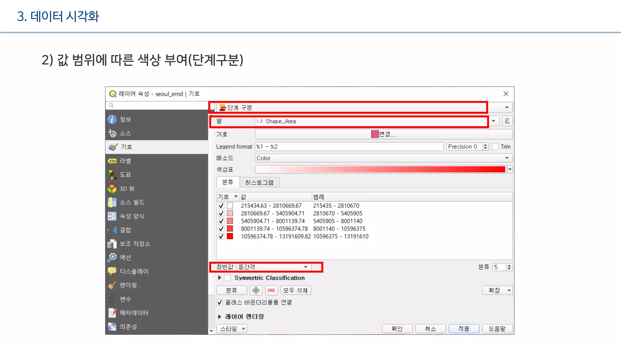 3. 데이터 시각화
2) 값 범위에 따른 색상 부여(단계구분)
 