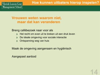 Vrouwen weten waarom niet,  maar dat kan veranderen Breng cafébezoek naar voor als Het recht om even uit te breken uit een druk leven De ideale omgeving voor sociale interactie Ontspanning weg van huis Maak de omgeving aangenaam en hygiënisch Aangepast aanbod Hoe kunnen uitbaters hierop inspelen? 