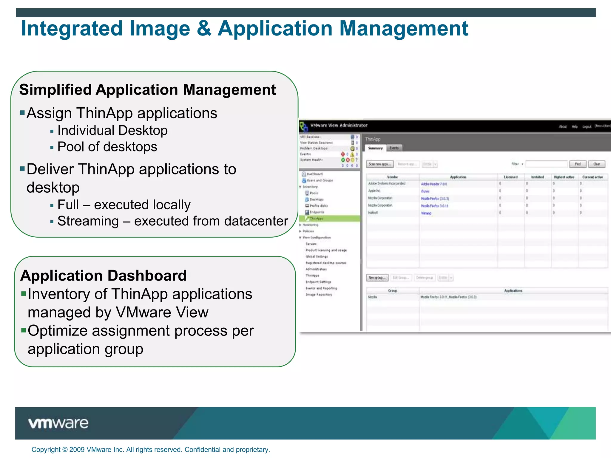 VMware View – Built to deliver desktops as a managed service PlatformVMware vSphere for desktopsManagementVMware View ManagerVmware View ComposerVMware ThinAppUser ExperiencePCoIPPrintMulti-monitor displayMultimediaUSB redirection