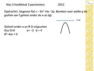Klas 3 hoofdstuk 3 parameters

2012

Opdracht1. Gegeven f(x) = −3x2 +4x −2p. Bereken voor welke p de
grafiek van f geheel onder de x-as ligt.
x-as

Geheel onder x-as 0 snijpunten
Dus D<0
a= −3 b = 4
B2−4ac < 0

 