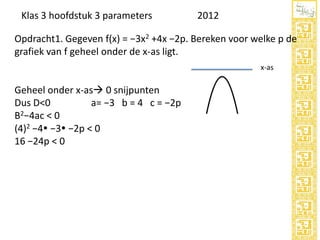 Klas 3 hoofdstuk 3 parameters

2012

Opdracht1. Gegeven f(x) = −3x2 +4x −2p. Bereken voor welke p de
grafiek van f geheel onder de x-as ligt.
x-as

Geheel onder x-as 0 snijpunten
Dus D<0
a= −3 b = 4 c = −2p
B2−4ac < 0
(4)2 −4 −3 −2p < 0
16 −24p < 0

 