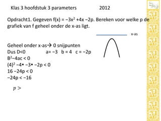Klas 3 hoofdstuk 3 parameters

2012

Opdracht1. Gegeven f(x) = −3x2 +4x −2p. Bereken voor welke p de
grafiek van f geheel onder de x-as ligt.
x-as

Geheel onder x-as 0 snijpunten
Dus D<0
a= −3 b = 4 c = −2p
B2−4ac < 0
(4)2 −4 −3 −2p < 0
16 −24p < 0
−24p < −16

 