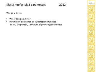 Klas 3 hoofdstuk 3 parameters

2012

Wat ga je leren:
• Wat is een parameter
• Parameters berekenen bij kwadratische functies
als je 2 snijpunten, 1 snijpunt of geen snijpunten hebt.

 