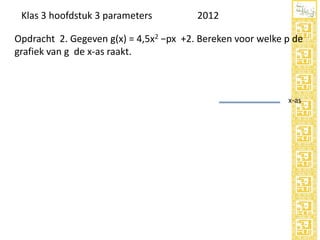 Klas 3 hoofdstuk 3 parameters

2012

Opdracht 2. Gegeven g(x) = 4,5x2 −px +2. Bereken voor welke p de
grafiek van g de x-as raakt.

x-as

 