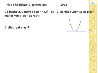 Klas 3 hoofdstuk 3 parameters

2012

Opdracht 2. Gegeven g(x) = 4,5x2 −px +2. Bereken voor welke p de
grafiek van g de x-as raakt.

Grafiek raak x-as
x-as

 