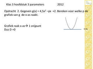 Klas 3 hoofdstuk 3 parameters

2012

Opdracht 2. Gegeven g(x) = 4,5x2 −px +2. Bereken voor welke p de
grafiek van g de x-as raakt.

Grafiek raak x-as 1 snijpunt
Dus D =0

x-as

 