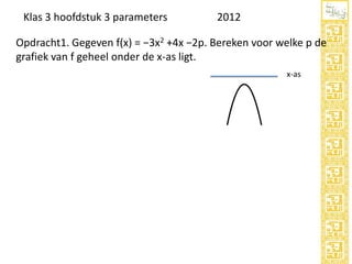 Klas 3 hoofdstuk 3 parameters

2012

Opdracht1. Gegeven f(x) = −3x2 +4x −2p. Bereken voor welke p de
grafiek van f geheel onder de x-as ligt.
x-as

 