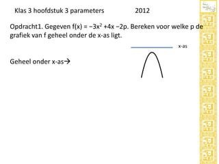 Klas 3 hoofdstuk 3 parameters

2012

Opdracht1. Gegeven f(x) = −3x2 +4x −2p. Bereken voor welke p de
grafiek van f geheel onder de x-as ligt.
x-as

Geheel onder x-as

 