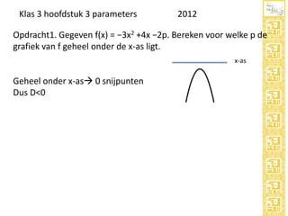 Klas 3 hoofdstuk 3 parameters

2012

Opdracht1. Gegeven f(x) = −3x2 +4x −2p. Bereken voor welke p de
grafiek van f geheel onder de x-as ligt.
x-as

Geheel onder x-as 0 snijpunten
Dus D<0

 