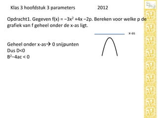 Klas 3 hoofdstuk 3 parameters

2012

Opdracht1. Gegeven f(x) = −3x2 +4x −2p. Bereken voor welke p de
grafiek van f geheel onder de x-as ligt.
x-as

Geheel onder x-as 0 snijpunten
Dus D<0
B2−4ac < 0

 