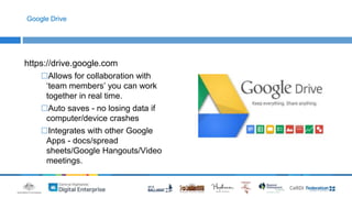 Google Drive 
https://drive.google.com 
⬜Allows for collaboration with 
‘team members’ you can work 
together in real time. 
⬜Auto saves - no losing data if 
computer/device crashes 
⬜Integrates with other Google 
Apps - docs/spread 
sheets/Google Hangouts/Video 
meetings. 
 