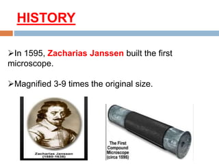 HISTORY
In 1595, Zacharias Janssen built the first
microscope.
Magnified 3-9 times the original size.
 