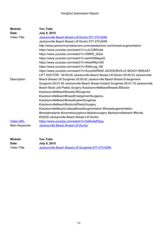 HangOut Submission Report.
Module: You Tube
Date: July 9, 2015
Video Title: Jacksonville Beach Breast Lift Doctor 877-375-6266
Description:
Jacksonville Beach Breast Lift Doctor 877-375-6266
http://www.jaxmommymakeovers.ourtrustedadvisor.com/breast-augmentation/
https://www.youtube.com/watch?v=uJu7z86HJkk
https://www.youtube.com/watch?v=D9Rf5_xDyIs
https://www.youtube.com/watch?v=jw4AWMejyeQ
https://www.youtube.com/watch?v=lAdwRNjvnS8
https://www.youtube.com/watch?v=XN8o-pg_hlE
https://www.youtube.com/watch?v=KzosGkRNtSI JACKSONVILLE BEACH BREAST
LIFT DOCTOR : 00:00:05 Jacksonville Beach Breast Lift Doctor 00:00:23 Jacksonville
Beach Breast Lift Surgeries 00:00:42 Jacksonville Beach Breast Enlargement
Surgeons 00:01:00 Jacksonville Beach Breast Implant Surgeries 00:01:19 Jacksonville
Beach Boob Job Plastic Surgery #JacksonvilleBeachBreastLiftDoctor
#JacksonvilleBeachBreastLiftSurgeries
#JacksonvilleBeachBreastEnlargementSurgeons,
#JacksonvilleBeachBreastImplantSurgeries
#JacksonvilleBeachBoobJobPlasticSurgery
#JacksonvilleBeachLollipopBreastAugmentation #breastaugementation
#breastimplants #cosmeticsurgeons #plasticsurgery #jacksonvillebeach #florida
#32250 Jacksonville Beach Breast Lift Doctor
Video URL: https://www.youtube.com/watch?v=5aRralaRQxg
Main Keywords: Jacksonville Beach Breast Lift Doctor
Module: You Tube
Date: July 9, 2015
Video Title: Jacksonville Beach Breast Lift Surgeries 877-375-6266
1/3
 