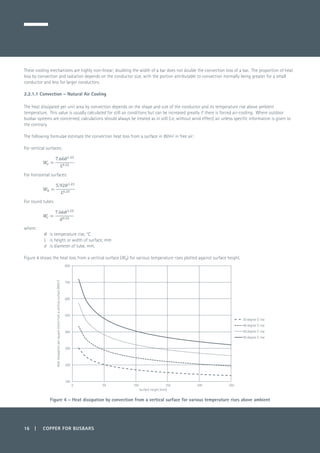 These cooling mechanisms are highly non-linear; doubling the width of a bar does not double the convection loss of a bar. The proportion of heat
loss by convection and radiation depends on the conductor size, with the portion attributable to convection normally being greater for a small
conductor and less for larger conductors.
2.2.1.1 Convection – Natural Air Cooling
The heat dissipated per unit area by convection depends on the shape and size of the conductor and its temperature rise above ambient
temperature. This value is usually calculated for still air conditions but can be increased greatly if there is forced air-cooling. Where outdoor
busbar systems are concerned, calculations should always be treated as in still (i.e. without wind effect) air unless specific information is given to
the contrary.
The following formulae estimate the convection heat loss from a surface in W/m² in free air:
For vertical surfaces:
	
For horizontal surfaces:
	
For round tubes:
	
where:
θ 	 is temperature rise, °C
L 	 is height or width of surface, mm
d 	 is diameter of tube, mm.
Figure 4 shows the heat loss from a vertical surface (Wv) for various temperature rises plotted against surface height.
Figure 4 – Heat dissipation by convection from a vertical surface for various temperature rises above ambient
100
200
300
400
500
600
700
800
0 50 100 150 200 250
Heatdissipationpersquaremetrefromaverticalsurface(W/m2
)
Surface height (mm)
30 degree C rise
40 degree C rise
50 degree C rise
60 degree C rise
16 | COPPER FOR BUSBARS
 