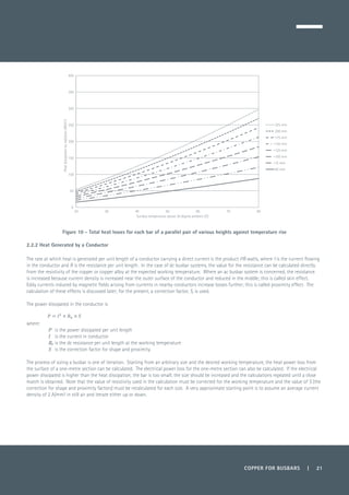 Figure 10 - Total heat losses for each bar of a parallel pair of various heights against temperature rise
2.2.2 Heat Generated by a Conductor
The rate at which heat is generated per unit length of a conductor carrying a direct current is the product I²R watts, where I is the current flowing
in the conductor and R is the resistance per unit length. In the case of dc busbar systems, the value for the resistance can be calculated directly
from the resistivity of the copper or copper alloy at the expected working temperature. Where an ac busbar system is concerned, the resistance
is increased because current density is increased near the outer surface of the conductor and reduced in the middle; this is called skin effect.
Eddy currents induced by magnetic fields arising from currents in nearby conductors increase losses further; this is called proximity effect. The
calculation of these effects is discussed later; for the present, a correction factor, S, is used.
The power dissipated in the conductor is
	
where:
P 	 is the power dissipated per unit length
I 	 is the current in conductor
R0 	is the dc resistance per unit length at the working temperature
S 	 is the correction factor for shape and proximity.
The process of sizing a busbar is one of iteration. Starting from an arbitrary size and the desired working temperature, the heat power loss from
the surface of a one-metre section can be calculated. The electrical power loss for the one-metre section can also be calculated. If the electrical
power dissipated is higher than the heat dissipation, the bar is too small; the size should be increased and the calculations repeated until a close
match is obtained. Note that the value of resistivity used in the calculation must be corrected for the working temperature and the value of S (the
correction for shape and proximity factors) must be recalculated for each size. A very approximate starting point is to assume an average current
density of 2 A/mm² in still air and iterate either up or down.
0
50
100
150
200
250
300
350
400
20 30 40 50 60 70 80
Heatdissipationbyradiation(W/m2
)
Surface temperature above 30 degree ambient (C)
225 mm
200 mm
175 mm
150 mm
125 mm
100 mm
75 mm
50 mm
COPPER FOR BUSBARS | 21
 