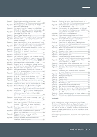 COPPER FOR BUSBARS | 5
Figure 11	 Parameter p versus cross-sectional area in mm2
	 for typical copper at 80˚C.......................................................23
Figure 12	 Resistivity of typical HC copper (101.5% IACS) as a
function of temperature.........................................................25
Figure 13	 Skin depth of typical HC copper (101.5% IACS) at
	 50 Hz, 60 Hz, 400 Hz as a function of temperature....25
Figure 14	 dc resistance of typical HC Copper (101.5% IACS)
versus area at 20ºC and 80ºC................................................26
Figure 15	 Plots of shape factor versus γ..............................................29
Figure 16	 Factor A for round bars as a function of g......................30
Figure 17	 Proximity factor, SP, for single phase systems with
parallel round bars....................................................................31
Figure 18	 Mean proximity factors for flat arrangement of round
bars carrying balanced three phase currents.................32
Figure 19	 Mean proximity factors for delta arrangement of
round bars carrying balanced three phase currents...33
Figure 20	 Shape factor for tubes.............................................................35
Figure 21	 Shape factor for tubes with low values of
	 shape factor.................................................................................35
Figure 22	 Shape factor for tubes.............................................................36
Figure 23	 The shape factor computed from the Bessel function
formula using √(f/rdc) as the frequency parameter...36
Figure 24	 Shape factor as a function of the ratio, ...37
Figure 25	 Factor A versus β = t/a for values of g = t/δ.................38
Figure 26	 Proximity factor for single phase tubes as function
	 of the factor A for values of η=s/2a=s/d........................38
Figure 27	 Proximity factor for single phase tubes...........................39
Figure 28	 Factor A for proximity loss factor as a function of
	 g = t/δ for various values of β = t/a................................40
Figure 29	 Proximity factor, Sp , for round bars at various
spacings designated by h.......................................................41
Figure 30	 Rac /Rdc as a function of the parameter √f/Rdc..............43
Figure 31	 Rac /Rdc as a function of the parameter √f/Rdc ..............43
Figure 32	 Shape factor, Rac /Rdc, as a function of the parameter
√f/Rdc .............................................................................................44
Figure 33	 Shape factor versus 2b/d for various values of b/a..44
Figure 34	 Plots of the shape ratio versus the ratio for
	 various values of for anti-parallel currents.........47
Figure 35	 Shape factor S = as a function of the separation
	 s for various values of with Rdc in μΩ/m
	 and f in Hz ...................................................................................49
Figure 36	 Linear plots of Rac /Rdc versus p where p ≈ 1·5853
	
with Rdc in μΩ/m and f in Hz ..............................................52
Figure 37	 Quasi logarithmic plots of Rac /Rdc versus p where
	p ≈ 1·5853 with Rdc
in μΩ/m and f in Hz.............55
Figure 38	 Power loss versus width for 6.3 mm thick
	 copper bars...................................................................................63
Figure 39	 Cost of energy loss per metre versus width for
	 6.3 mm thick copper bars.......................................................64
Figure 40 	 Total cost per metre versus bar width for
	 5000 hours operation at 500 A............................................64
Figure 41	 Total cost per metre of bar versus bar width
	 for a range of operating times.............................................65
Figure 42	 Total cost per metre against current density for a
range of operation times........................................................66
Figure 43	 Estimated working temperature versus width
	 of bar (mm) for 500 A load....................................................66
Figure 44	 Cost per metre (€) against bar width for a) 20 000
hours operation without discount and b) 2000 hours
per year for 10 years at 5% discount................................67
Figure 45	 Short-circuit current waveform..........................................71
Figure 46	 Three phase system with spacings D (mm),
	 (a) triangular array (b) inline array.....................................73
Figure 47	 Factor K for calculating the force between
	 two bars of rectangular section...........................................75
Figure 48	 Form factor Kb. (a) low values of a/b (long sides
	 facing each other) (b) high values of a/b..........................75
Figure 49	 Typical copper profiles.............................................................79
Figure 50	 A non-typical profile indicating the dimensions
	 used in the standard..................................................................81
Figure 51	 Measurement of straightness................................................83
Figure 52	 Measurement of flatness.........................................................83
Figure 53	 Measurement of twist...............................................................83
Figure 54	 Profile cross-section showing mounting lugs
	 and slots for bolt-head.............................................................85
Figure 55	 Rac /Rdc as a function of the parameter √f/Rdc
	 with f in Hz and Rdc in µΩ/m.................................................86
Figure 56	 Thermal image of two profiles under load.......................87
Figure 57	 Hole-free joints............................................................................87
Figure 58	 Calculation of moment of inertia of a complex
	shape................................................................................................88
Figure 59	 Parameters used in the calculation of moment
	 of inertia of each element.......................................................89
Figure 60	 A typical bolted joint.................................................................90
Figure 61	 A simple clamped joint.............................................................90
Figure 62	 A riveted joint...............................................................................91
Figure 63	 A soldered joint............................................................................91
Figure 64	 A welded joint..............................................................................91
Figure 65	 An overlapped joint....................................................................91
Figure 66	 Streamline effect in overlapped joints...............................92
Figure 67	 Bolt placement in overlapped joints...................................93
Figure 68	 Overlap joint between bars with angled ends................93
Figure 69	 The effect of pressure on the contact resistance
	 of a joint.........................................................................................95
Figure 70	 Possible bolting techniques for copper busbars............98
Figure 71	 Joint with a longitudinal slot.................................................98
Disclaimer
While this publication has been prepared with care, Copper
Development Association, European Copper Institute and other
contributors provide no warranty with regards to the content
and shall not be liable for any direct, incidental or consequential
damages that may result from the use of the information or the
data contained.
Copyright© Copper Development Association and European Copper
Institute.
 