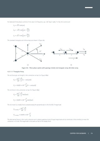 COPPER FOR BUSBARS | 73
For balanced three phase currents of rms value I at frequency � = 2π f (� in rad/s, f in Hz), the currents are:
	
	
	
The standard triangular and inline arrays are shown in Figure 46.
Figure 46 - Three phase system with spacings d (mm). (a) triangular array, (b) inline array
4.3.1.1.1 Triangular Array
The net force per unit length in the x-direction on bar A in Figure 46(a)
	
	
The net force in the y-direction on bar A in Figure 46(a)
	
	
The net result is a steady force outwards along the perpendicular to the line BC of magnitude
	
	
The alternating forces in the x and y direction are in phase quadrature and of equal magnitude and so constitute a force tending to move the
conductor in a circle. The magnitude is the same as that of the steady force.
30°
FBAy
d
d
d
B
A
FCA
x
C
A
d
B
FCB FAB
d
C
FAC
FBC
x
(a) (b)
 