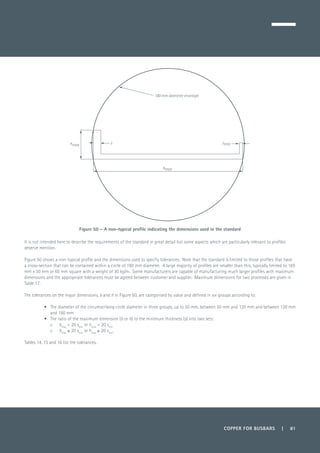 COPPER FOR BUSBARS | 81
Figure 50 – A non-typical profile indicating the dimensions used in the standard
It is not intended here to describe the requirements of the standard in great detail but some aspects which are particularly relevant to profiles
deserve mention.
Figure 50 shows a non-typical profile and the dimensions used to specify tolerances. Note that the standard is limited to those profiles that have
a cross-section that can be contained within a circle of 180 mm diameter. A large majority of profiles are smaller than this, typically limited to 165
mm x 30 mm or 65 mm square with a weight of 30 kg/m. Some manufacturers are capable of manufacturing much larger profiles with maximum
dimensions and the appropriate tolerances must be agreed between customer and supplier. Maximum dimensions for two processes are given in
Table 17.
The tolerances on the major dimensions, b and h in Figure 50, are categorised by value and defined in six groups according to:
•	 The diameter of the circumscribing circle diameter in three groups, up to 50 mm, between 50 mm and 120 mm and between 120 mm
and 180 mm
•	 The ratio of the maximum dimension (b or h) to the minimum thickness (s) into two sets:
o	 bmax
< 20 smin
or hmax
< 20 smin
o	 bmax
≥ 20 smin
or hmax
≥ 20 smin
.
Tables 14, 15 and 16 list the tolerances.
bmax
s sminhmax
180 mm diameter envelope
 